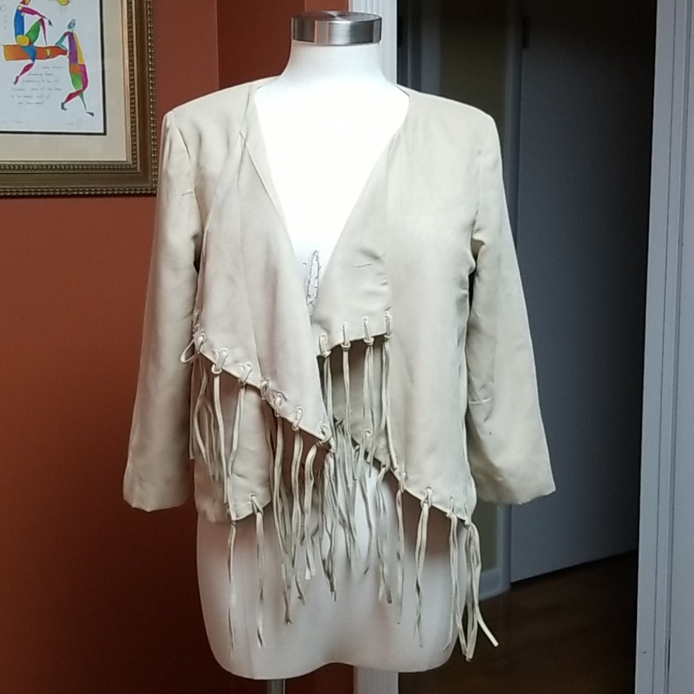Ladakh cream fringe suede like jacket